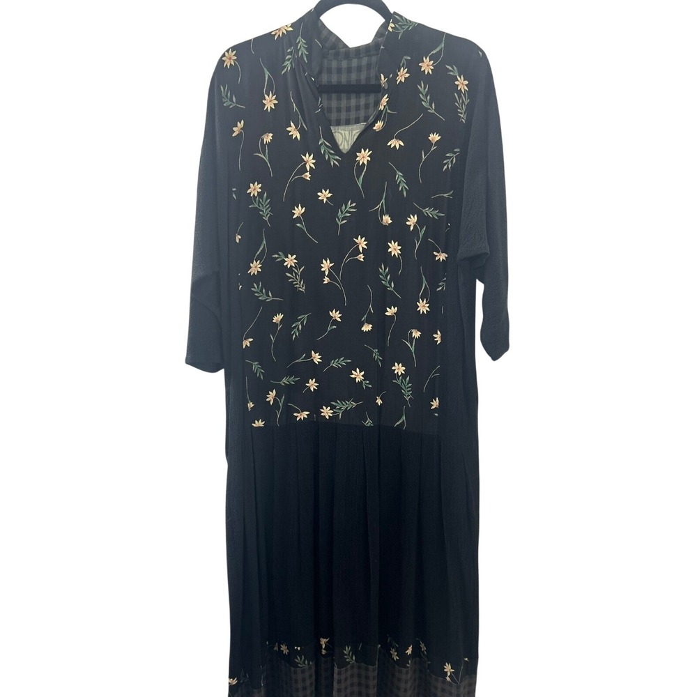 Onion‎ Womens Floral Embroidered Mixed Media Midi Dress Black Gingham Trim 913